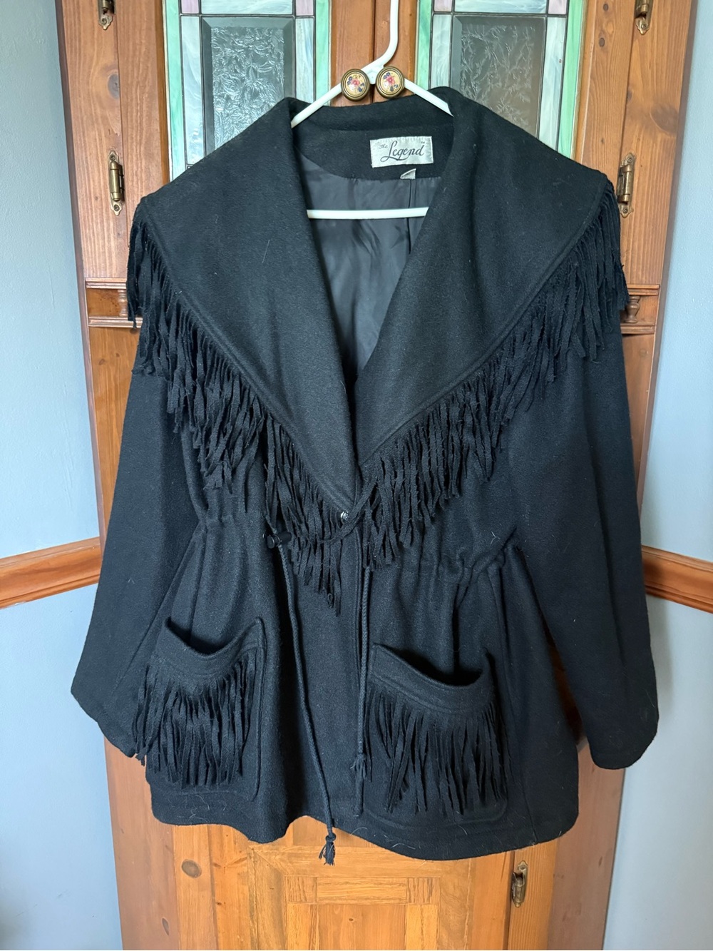 Vintage LEGEND Black Fringe Western Coat Jacket  toggle Cinching Waist detail L